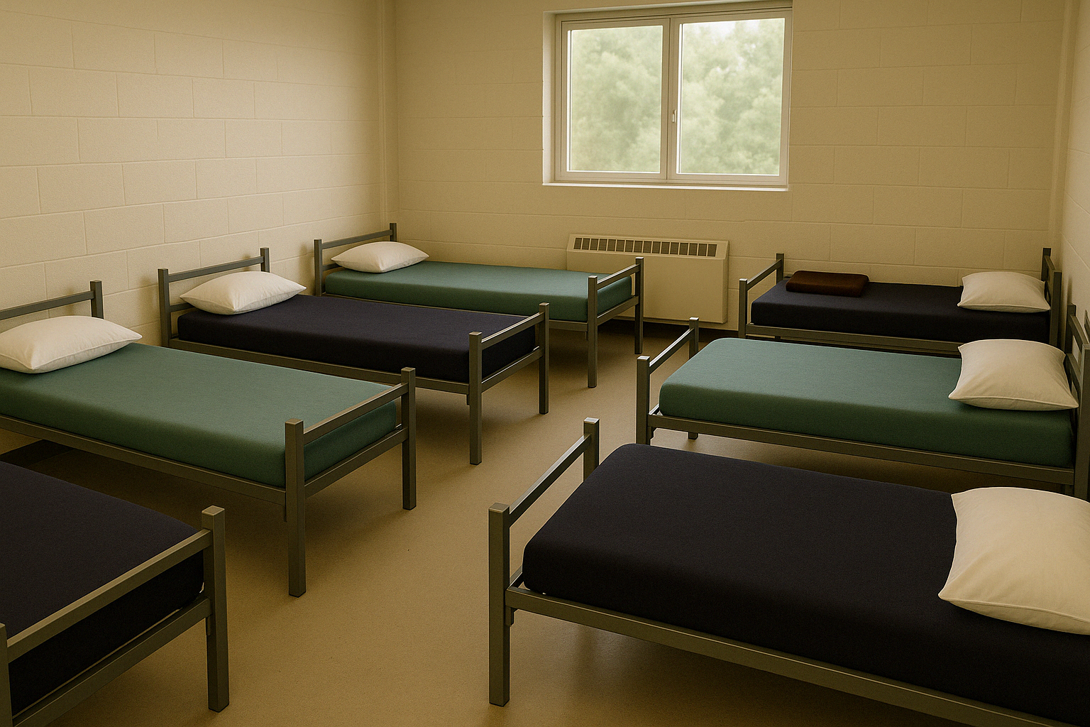 A row of beds in a rescue mission shelter with mattresses on them