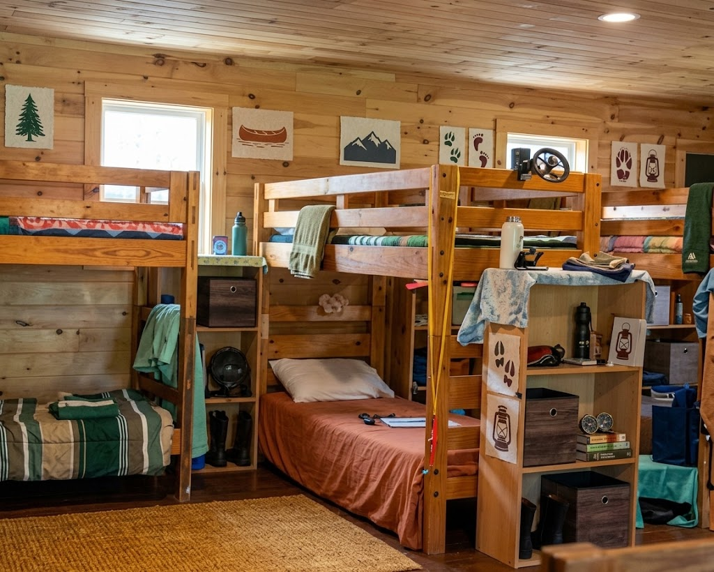 Wooden bunk beds with mattresses in a camp cabin