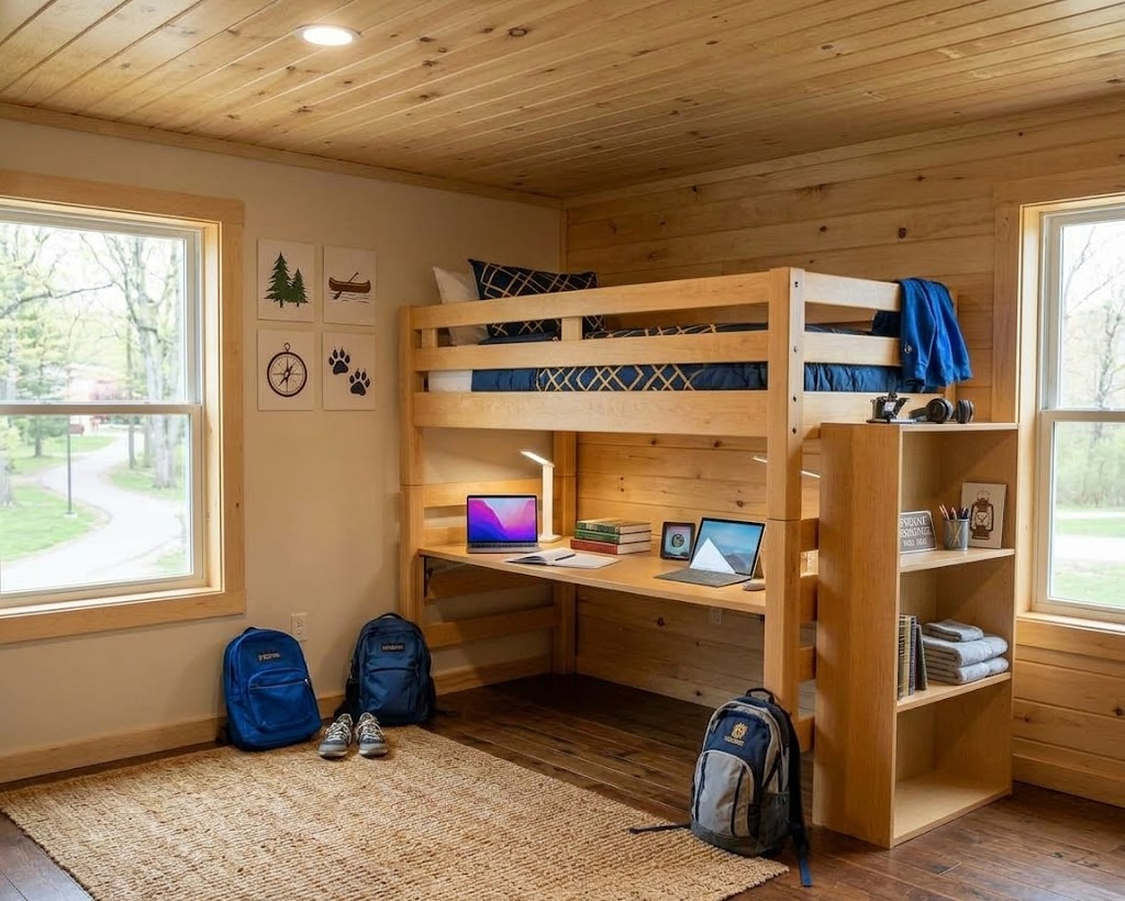 Bunk beds and a study desk in a dorm room