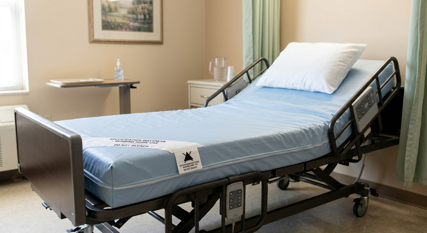 An adjustable bed with a mattress in a health care room