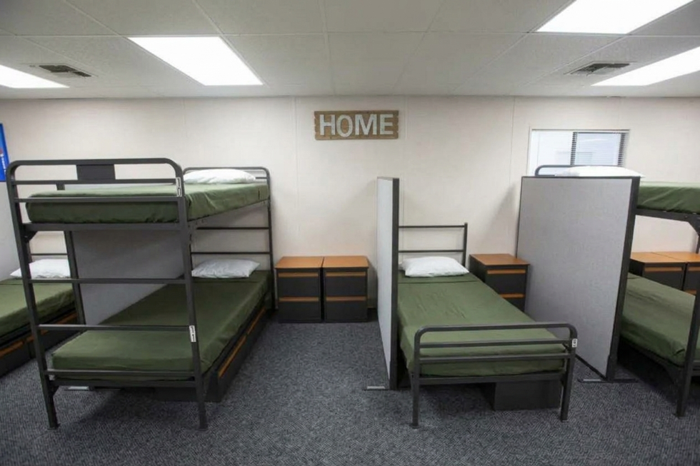 Beds and mattresses in a shelter room
